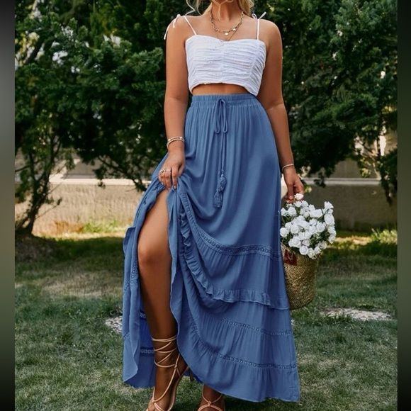 Plus boho layered ruffle hem tassel maxi skirt